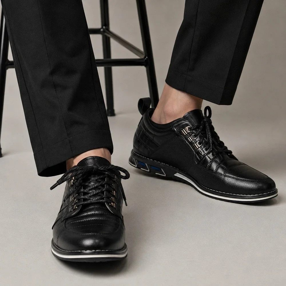 Cosidre Mens Black Leather Mixed Media Quilted Fashion Sneakers E034 Size 47